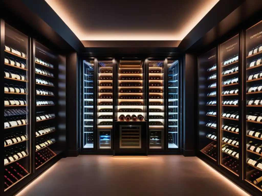 Vinoteca futurista de lujo: diseño innovador para aficionados al vino Un lujoso sótano de vino futurista integrado en una casa moderna, con gadgets de lujo para vino y una elegante decoración