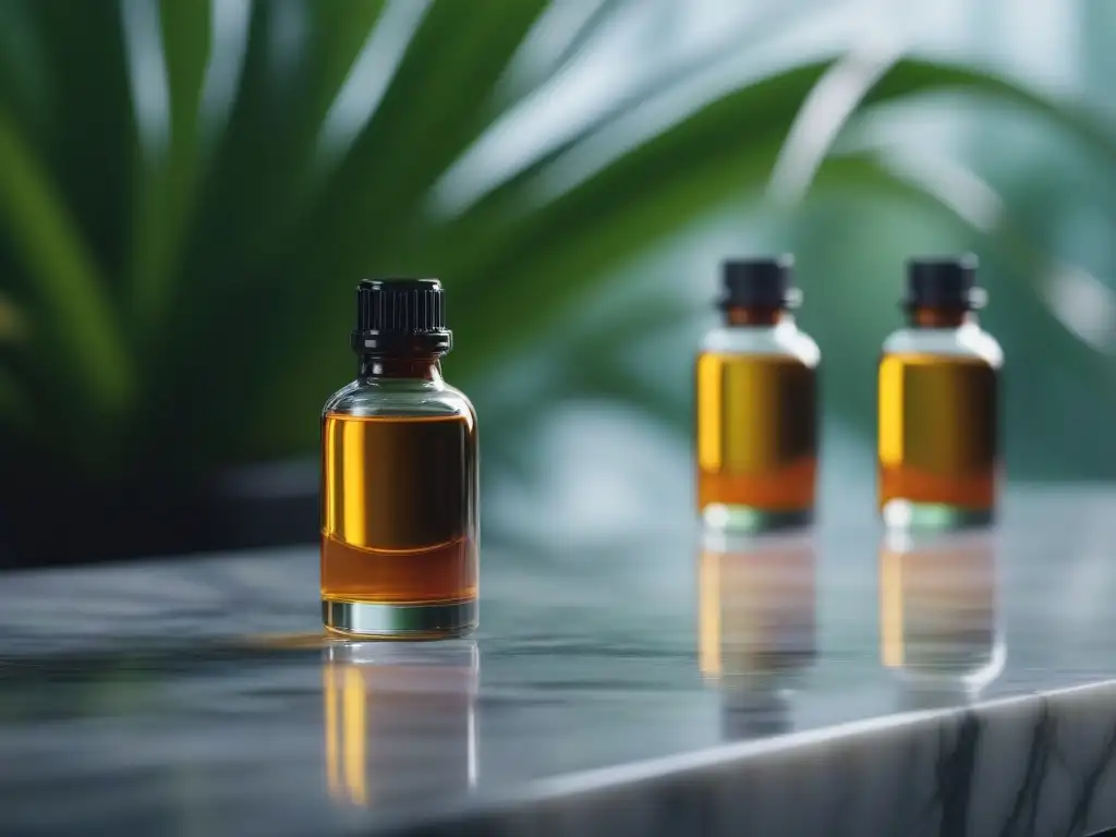 Spa de lujo con aceites esenciales en mármol Un lujoso spa con aceites esenciales beneficios cuidado personal, botellas brillantes y jardín interior sereno