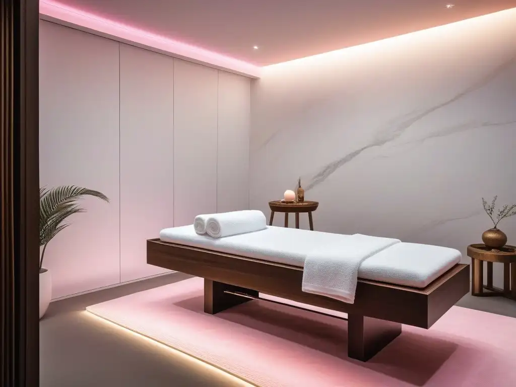 Spa moderno con terapia de luz LED para piel sensible Un lujoso spa con ambiente sereno y moderno, ideal para tratamientos belleza pieles sensibles