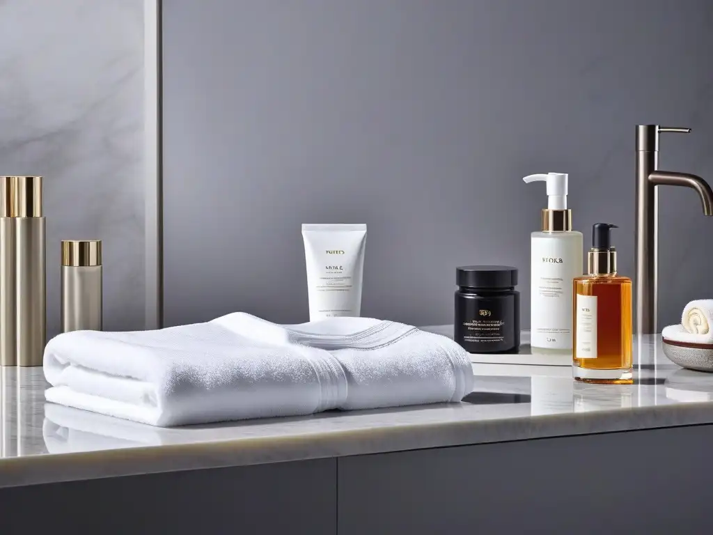 Spa de lujo: ambiente elegante y relajante para tratamientos de piel Un lujoso spa con diseño minimalista, toallas blancas, productos de cuidado de piel premium y una atmósfera serena