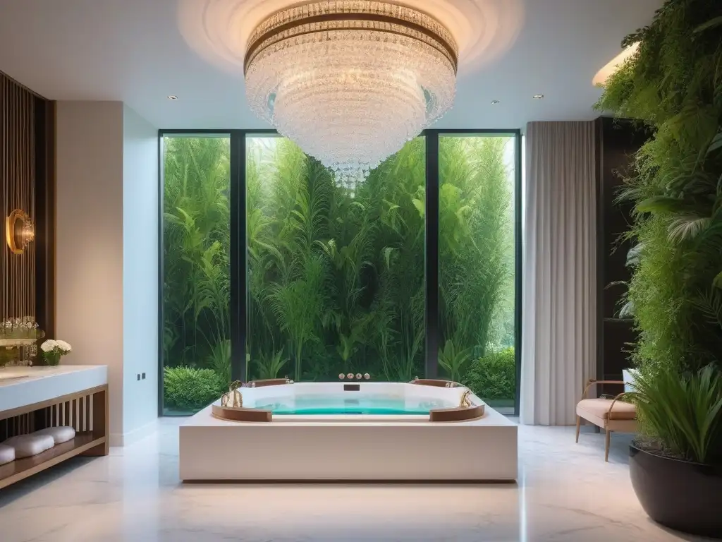 Spa de lujo: toallas blancas, jacuzzi de mármol y tranquilidad Un lujoso spa con toallas blancas, jacuzzi de mármol y vegetación exuberante, evocando belleza, lujo y bienestar