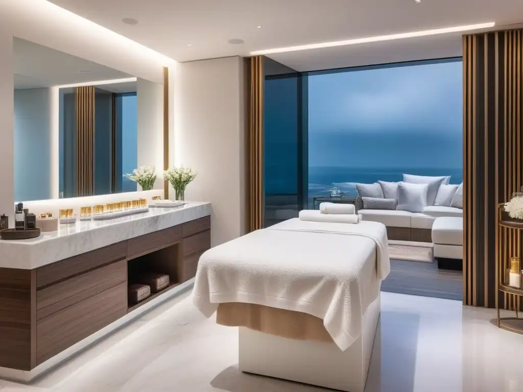 Spa de lujo con diseño contemporáneo Un lujoso spa con tratamiento de piel: toallas blancas, productos de alta gama y camilla de masaje con sábanas suaves