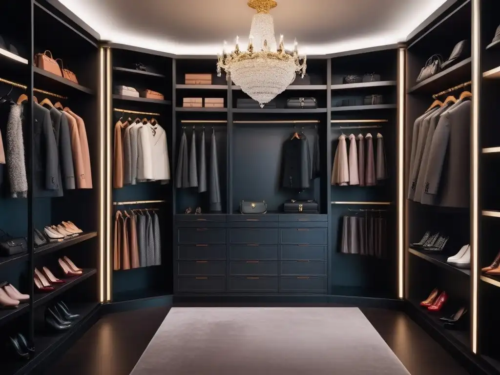 Exquisita elegancia: lujoso vestidor con accesorios de alta gama Un lujoso vestidor con accesorios de alta gama cuidadosamente organizados, iluminado cálidamente