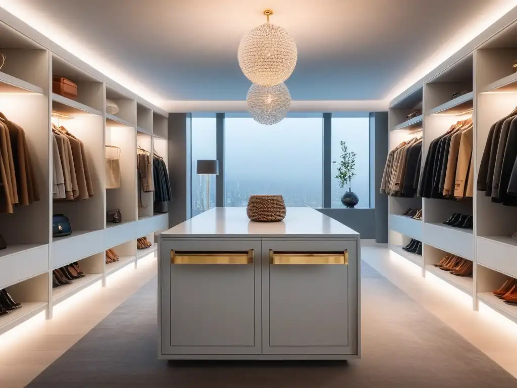 Armario de lujo con diseño moderno y elegante Un lujoso vestidor con elegantes estantes empotrados mostrando bolsos, zapatos y accesorios de diseñador en un ambiente moderno de alta gama