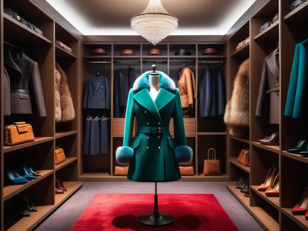 Clóset de lujo: Organización impecable y elegancia vibrante Un lujoso vestidor con estantes modernos, organizados y repletos de accesorios de alta gama