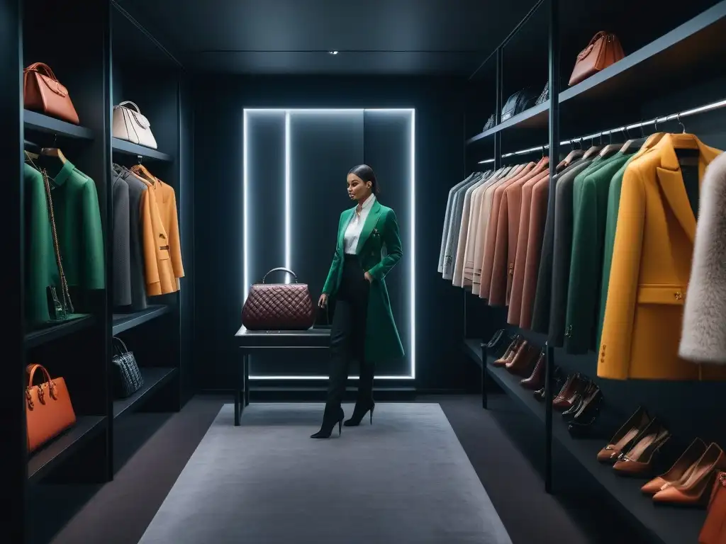 Exquisita colección de bolsos de diseñador en lujoso vestidor Un lujoso vestidor lleno de estantes organizados con una impresionante colección de bolsos de diseñador de alta gama en varios colores y estilos