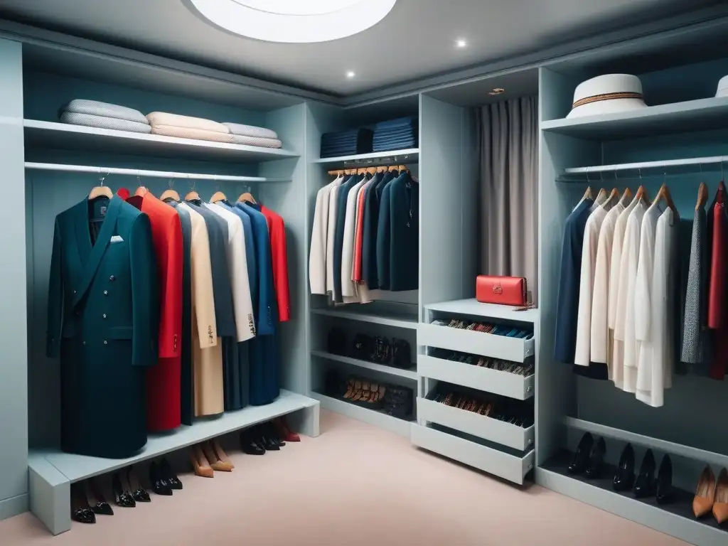 Armario de lujo con moda elegante para cruceros Un lujoso vestidor con moda cruceros vestirse alta mar, mostrando outfits elegantes organizados por color y estilo