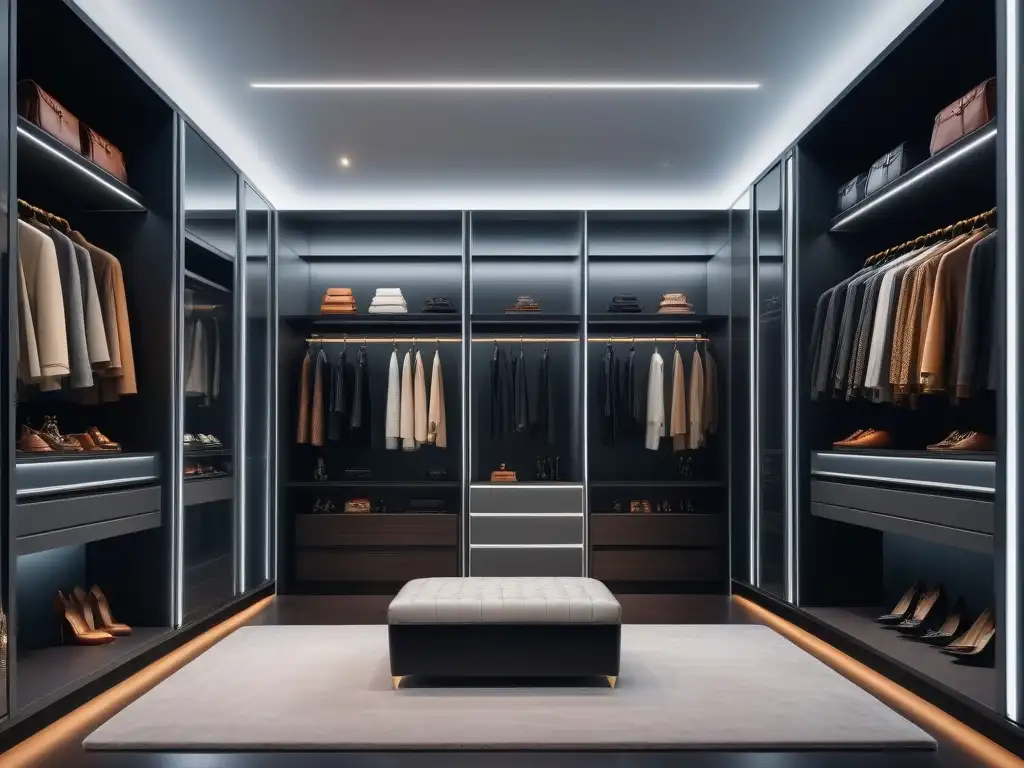 Walk-in closet de lujo con moda de diseñador Un lujoso vestidor de moda con prendas y accesorios de lujo cuidadosamente organizados, consejos cuidado prendas moda lujo