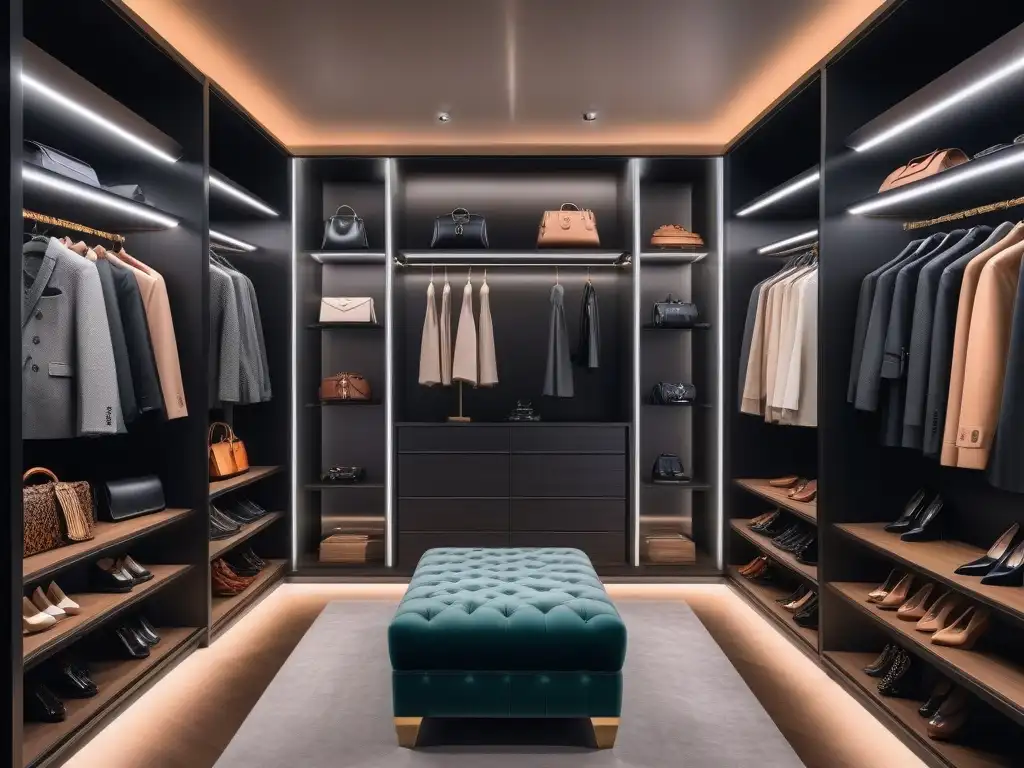 Exclusivo walk-in closet con colección de lujo Un lujoso vestidor con prendas de moda de lujo organizadas con esmero