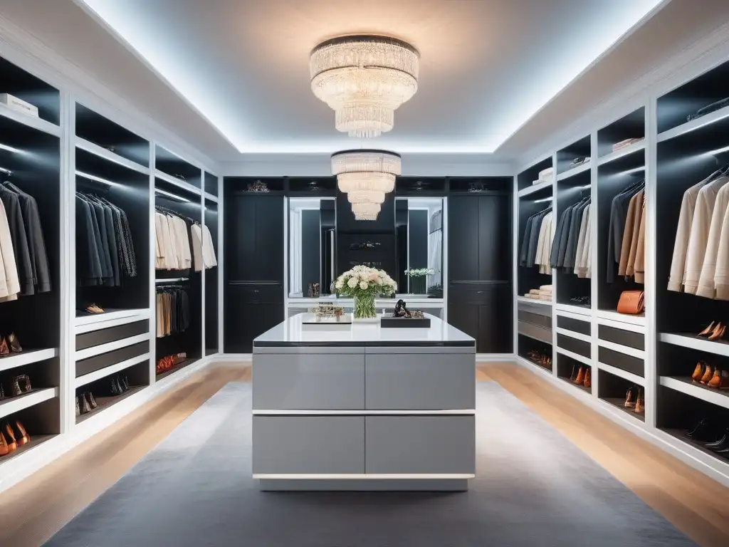 Armario de lujo: diseño moderno y elegante Un lujoso vestidor con soluciones elegantes de mobiliario y diseño moderno