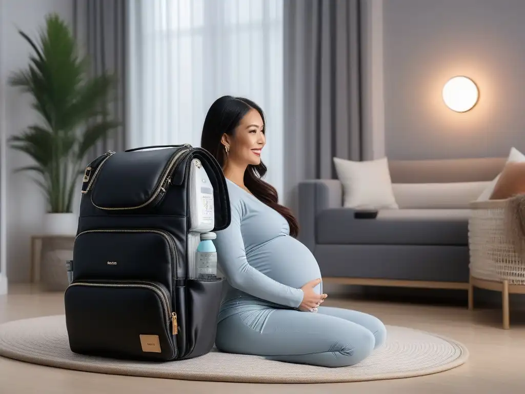 Diseño de bolso cambiador: moda y funcionalidad para mamás modernas Una madre chic lleva un bolso pañalero funcional y elegante en un entorno de moda maternal funcional y cómoda