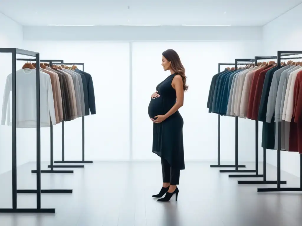 Mamá y bebé exploran armario sostenible con estilo Madre elegante con bebé, explorando armario cápsula maternal sostenible en estudio minimalista ecofriendly