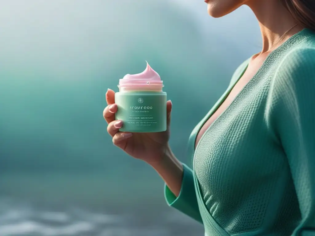 Una madre feliz aplicando una lujosa crema reafirmante postparto, transmitiendo calma y cuidado propio con los mejores productos