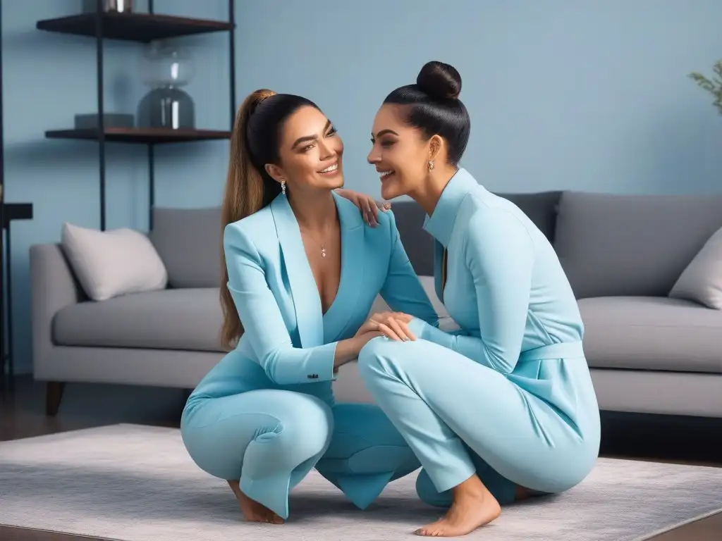 Abrazo de moda: madre e hijo en jumpsuits pastel Una madre y su hijo abrazados, vistiendo conjuntos a juego que transmiten conexión y emoción en un ambiente cálido y moderno