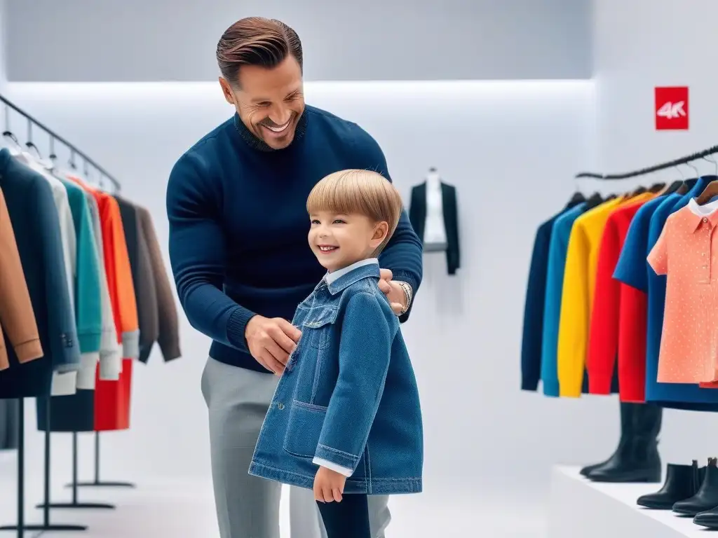 Emotivo momento de moda en boutique: madre ayuda a hijo a probar ropa Una madre moderna ayuda a su hijo a probar ropa en una boutique de moda, transmitiendo alegría y estilo
