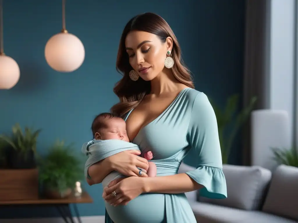Madre moderna amamantando con estilo y confianza Una madre moderna y elegante amamantando a su bebé con estilo y confianza en un entorno chic y luminoso