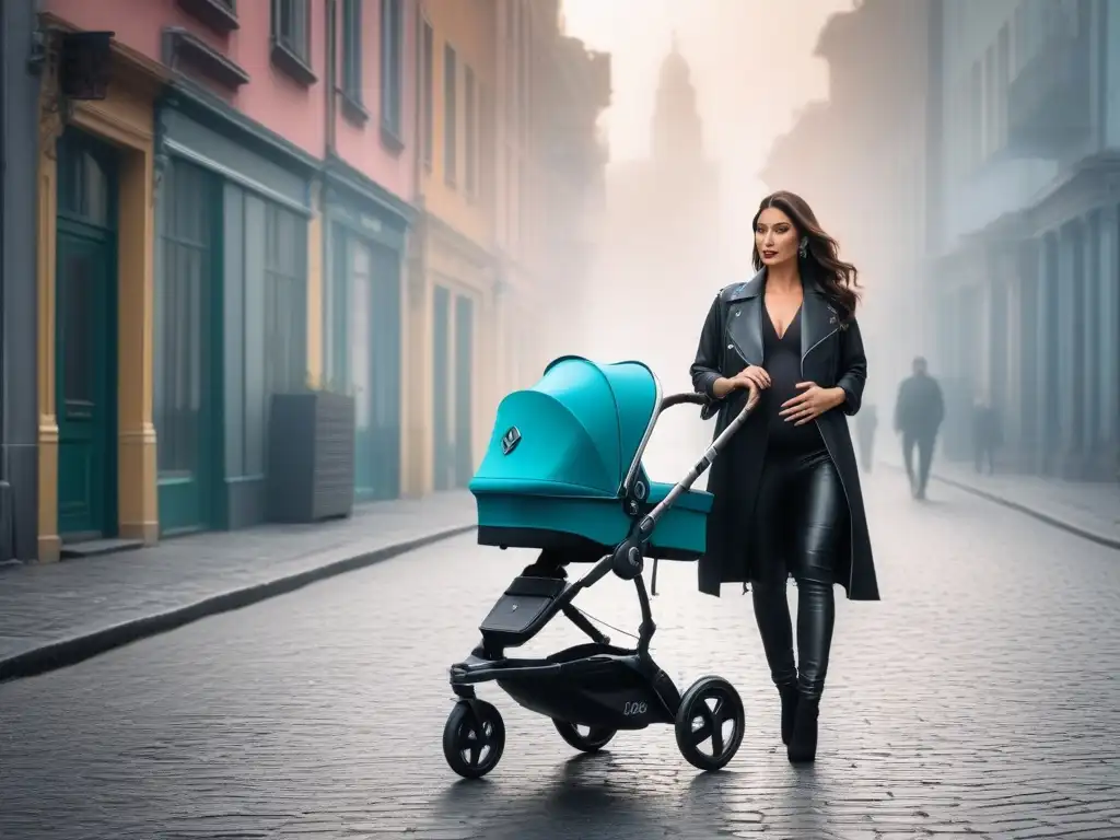 Madre moderna paseando con estilo por la ciudad Una madre moderna y elegante pasea con su bebé en coche por la ciudad, fusionando moda y maternidad