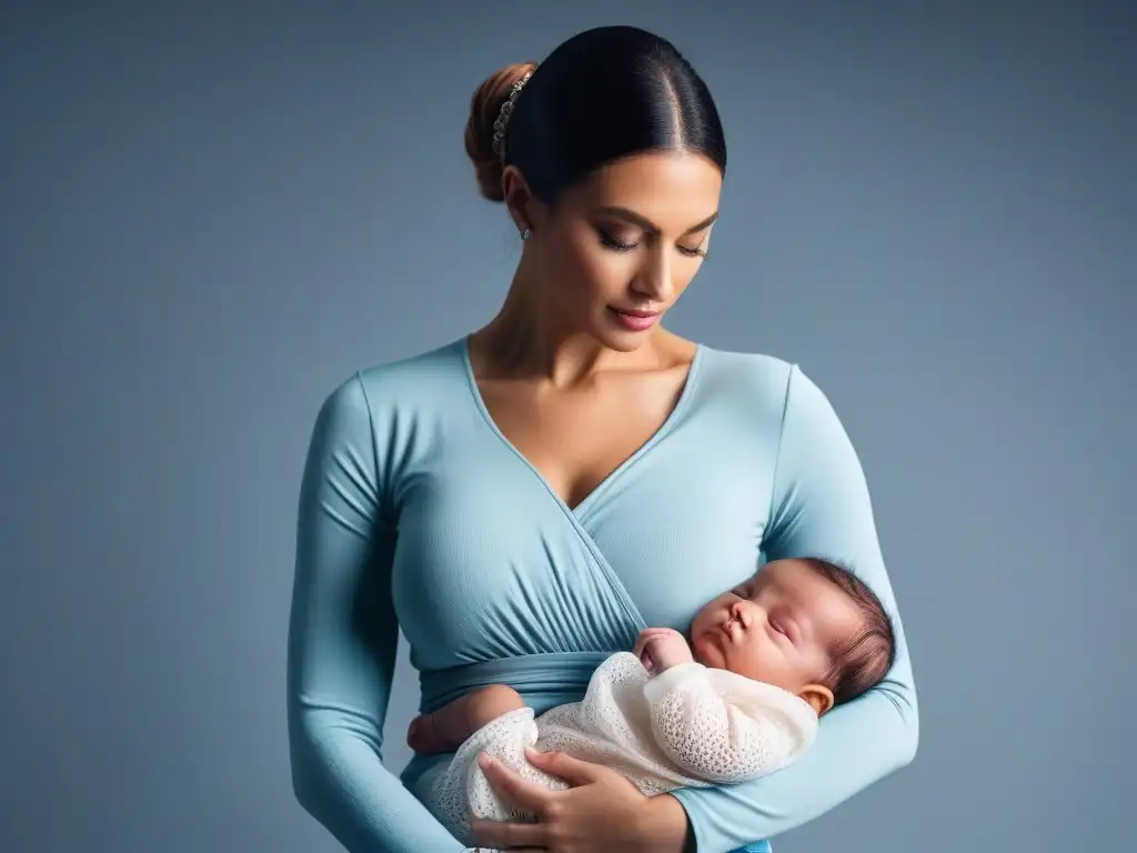 Madre moderna y segura amamantando con estilo Una madre moderna y elegante amamantando con confianza a su bebé, luciendo un top de moda lactancia en un entorno minimalista y luminoso