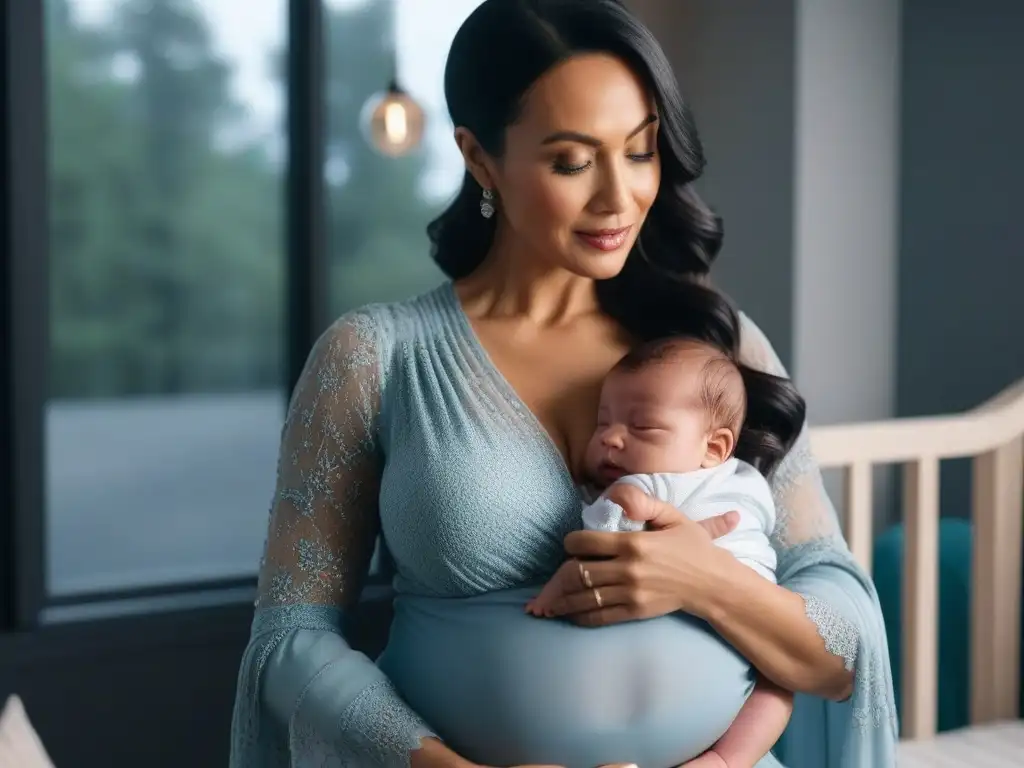 Madre chic y segura amamantando con estilo en vivero luminoso Una madre moderna y elegante amamantando con confianza a su bebé en una habitación decorada, irradiando empoderamiento y amor maternal