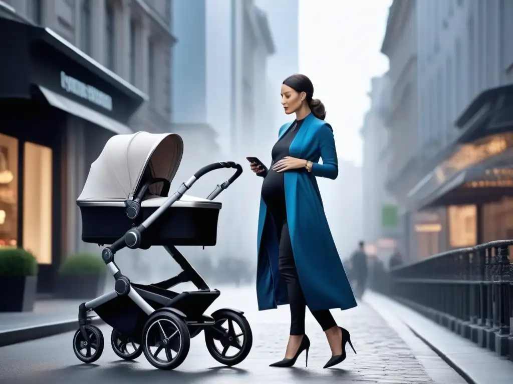 Madre moderna: estilo y tecnología en la crianza Una madre moderna y sofisticada, equilibrando a su bebé con estilo y tecnología en un paisaje urbano futurista