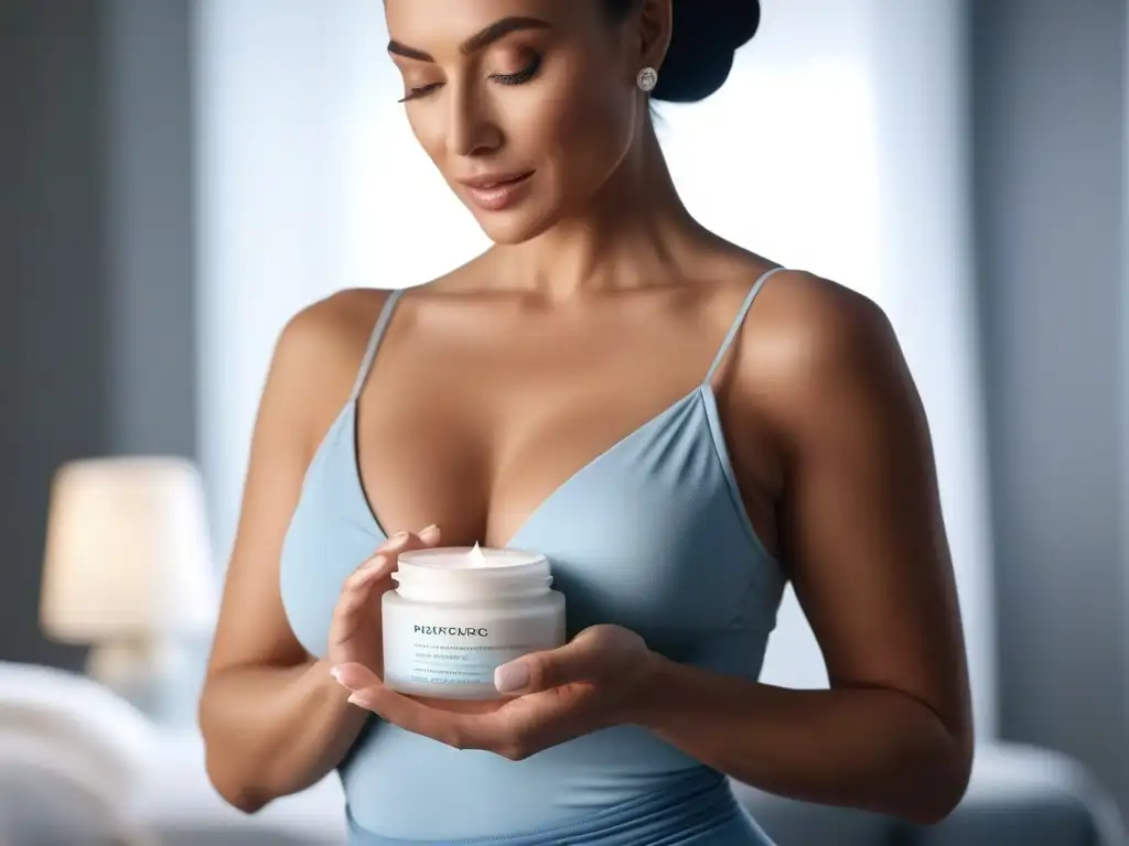 Una madre radiante aplica con delicadeza una lujosa crema reafirmante postparto, mostrando su piel brillante