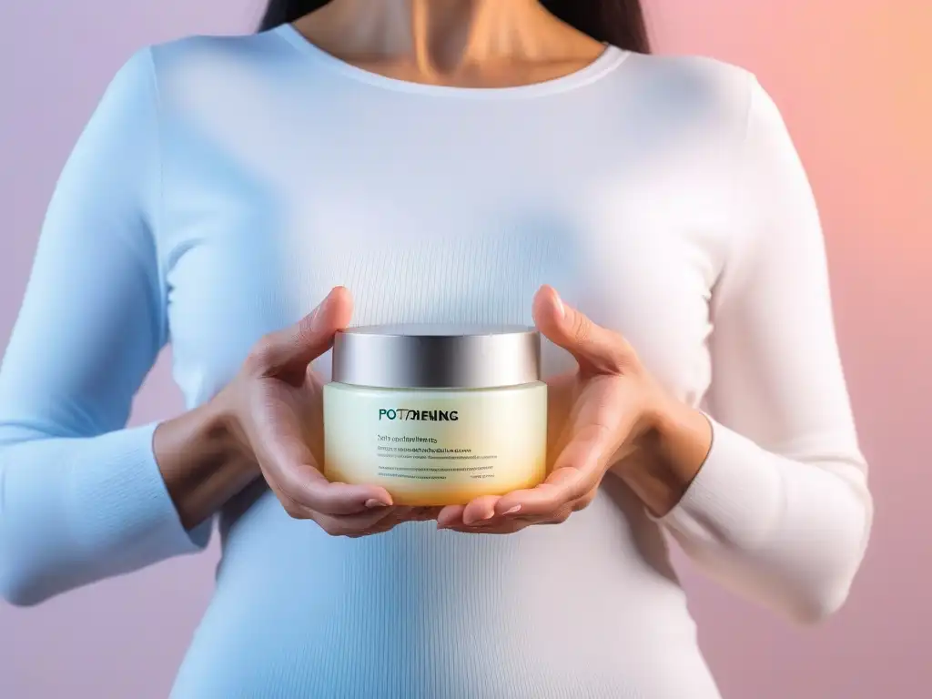 Una madre sonriente aplica una lujosa crema reafirmante postparto, transmitiendo amor propio y cuidado