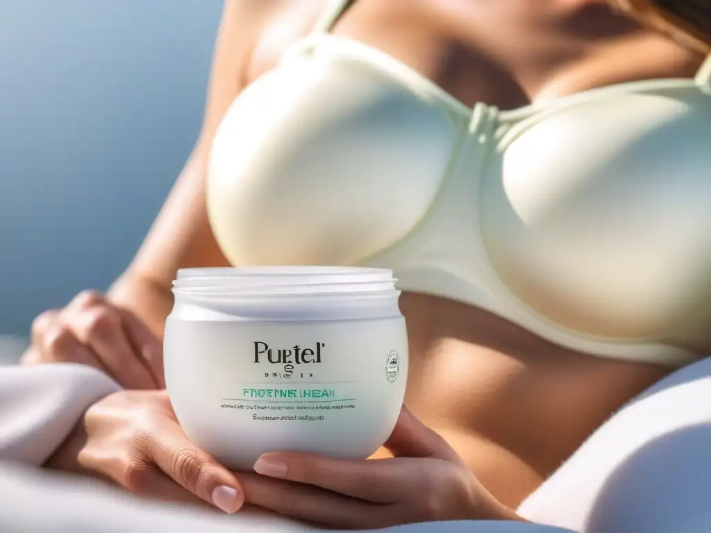 Una madre aplica con ternura una lujosa crema reafirmante postparto, destacando su suavidad y el packaging moderno, iluminada suavemente