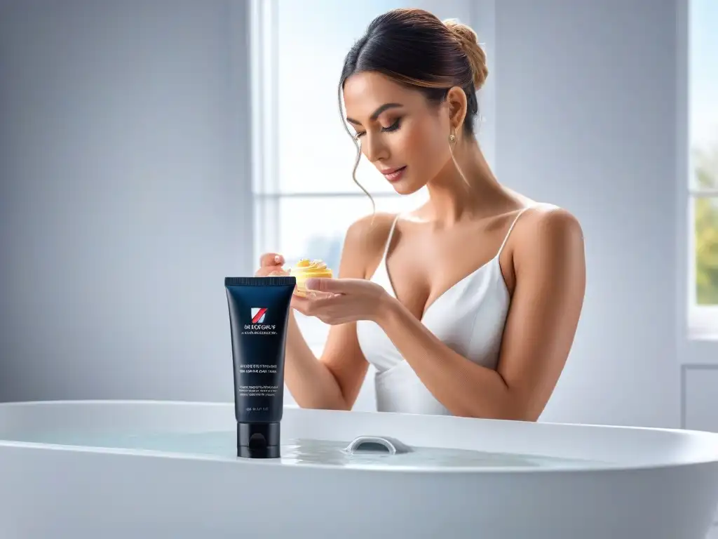 Una madre aplica con ternura una de las mejores cremas reafirmantes postparto en su abdomen, en un baño elegante y moderno, bajo una suave luz natural