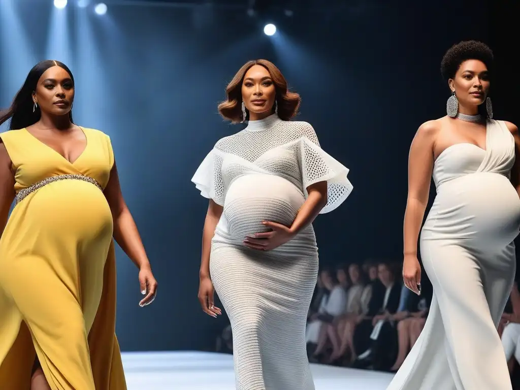 Desfile de madres empoderadas: moda inclusiva Madres diversas desfilan con moda materna inclusiva y diversa en una pasarela moderna y chic