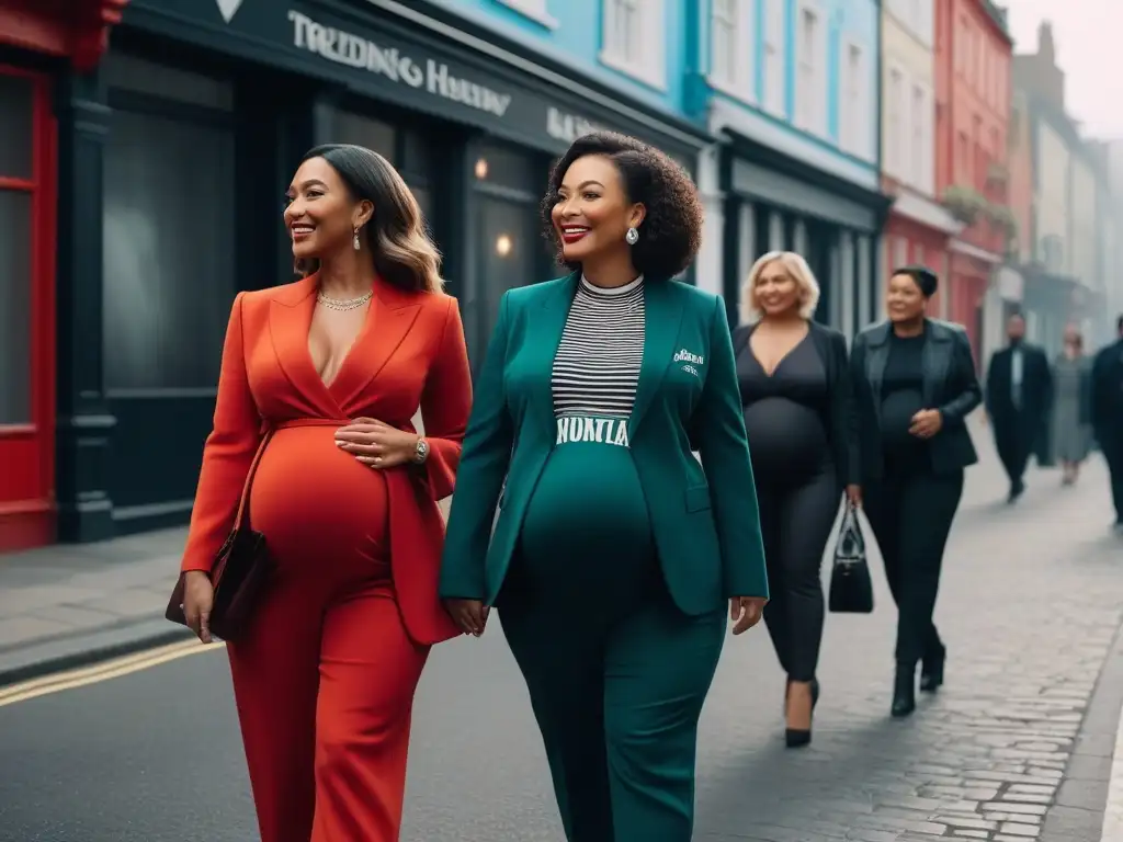 Mamás modernas y diversas disfrutan juntas por la ciudad Madres diversas lucen moda maternidad inclusiva paseando por la ciudad