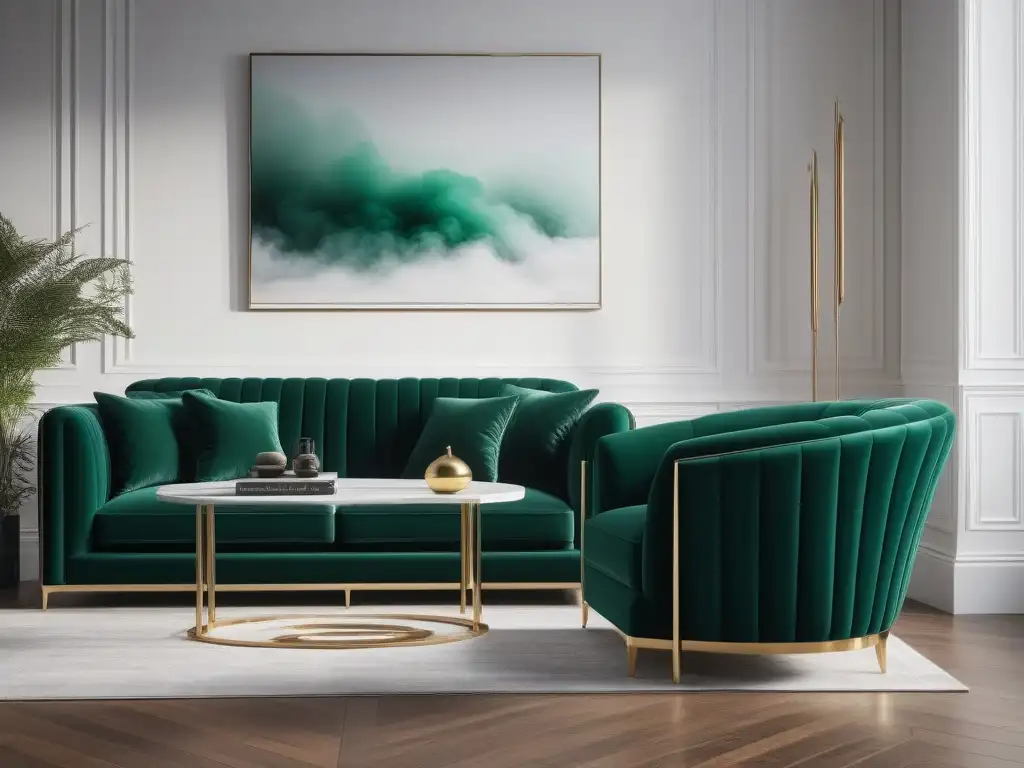 Suntuosa butaca art déco en terciopelo verde esmeralda en sala minimalista Un majestuoso sillón de lujo estilo art deco en terciopelo verde esmeralda, con detalles dorados, en una sala minimalista con arte abstracto