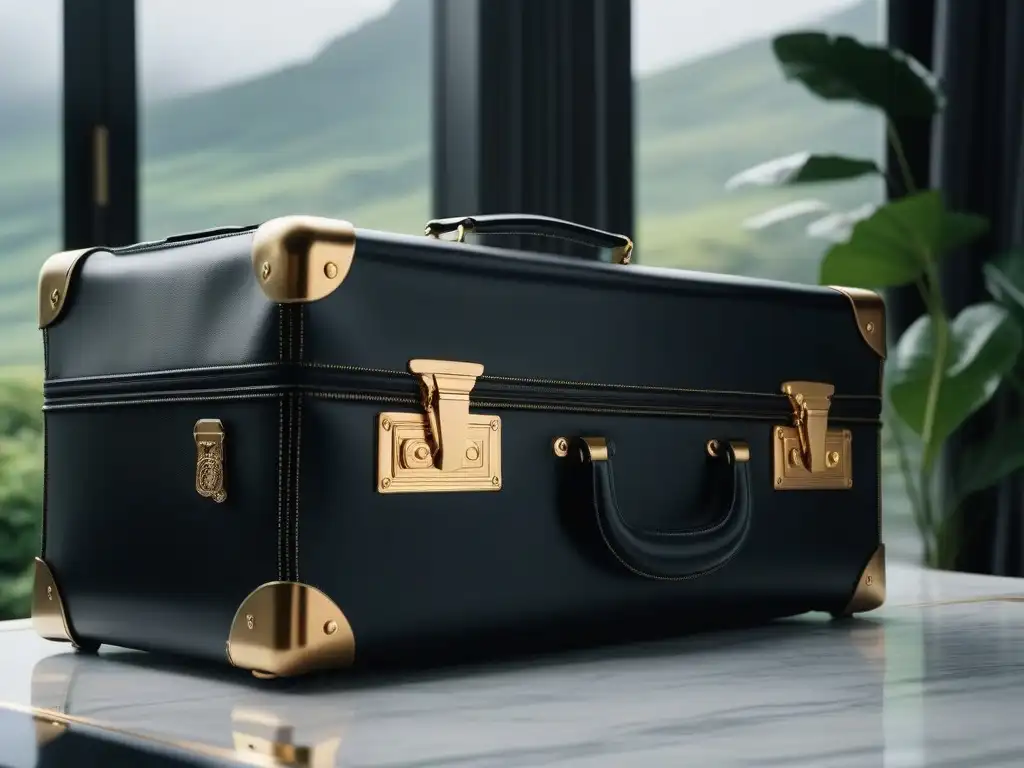 Suite de lujo: moda y accesorios en maleta de cuero negro Maleta de cuero negro de lujo en suelo de mármol, con ropa y accesorios de diseñador