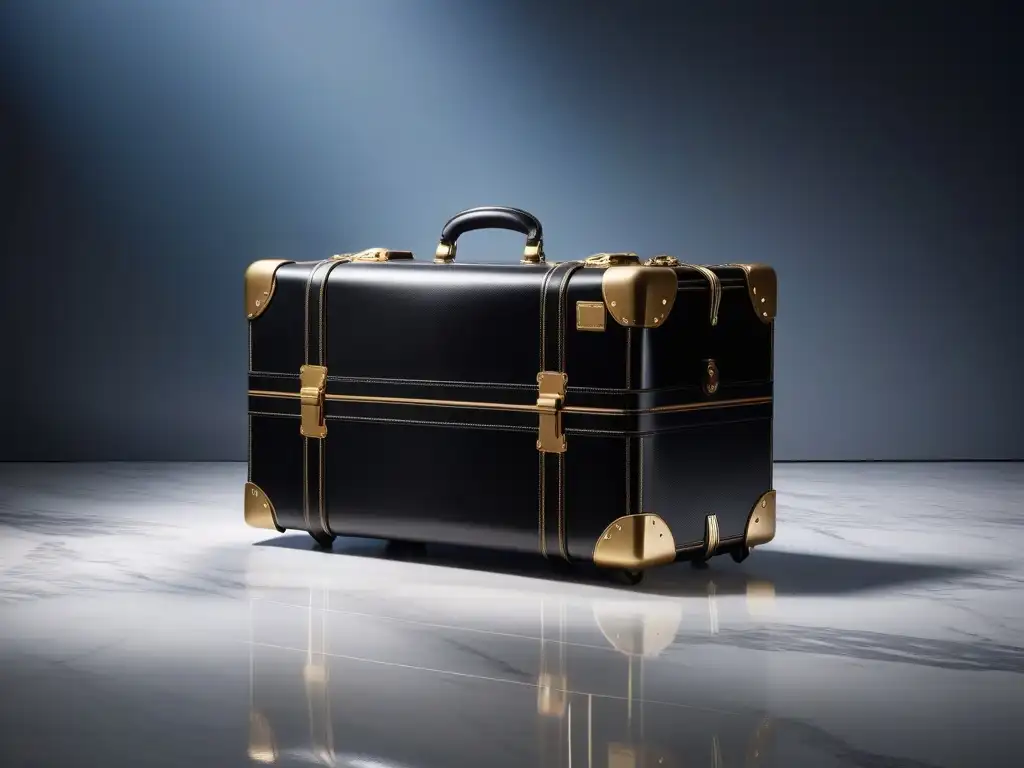 Maleta de cuero negro de lujo con detalles en oro Una maleta de cuero negro de lujo con detalles dorados y diseño moderno en un suelo de mármol iluminado