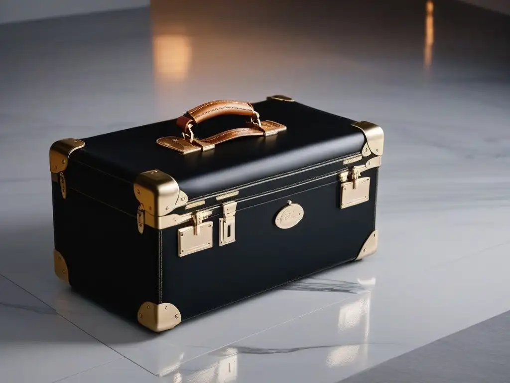Maleta de cuero negro con monograma dorado: lujo y elegancia Maleta de cuero negro de lujo con monograma dorado único, en suelo de mármol iluminado
