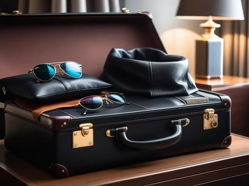 Maleta de cuero negro con estilo y lujo Maleta de cuero negro lujosa y moderna con ropa y accesorios de diseñador, rodeada de elementos de viaje de lujo