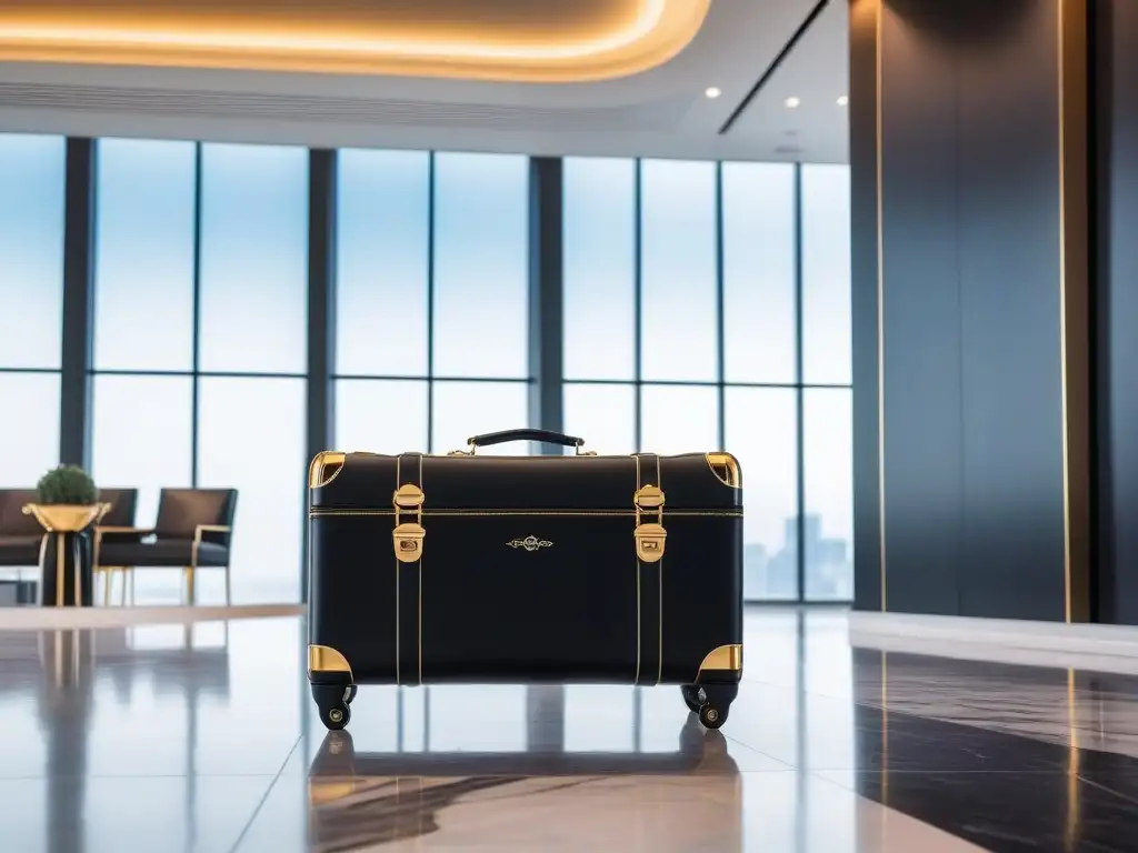 Maleta de cuero negro y dorado en elegante aeropuerto Maleta elegante en cuero negro con detalles dorados y etiqueta personalizada, en lujosa sala de espera de aeropuerto