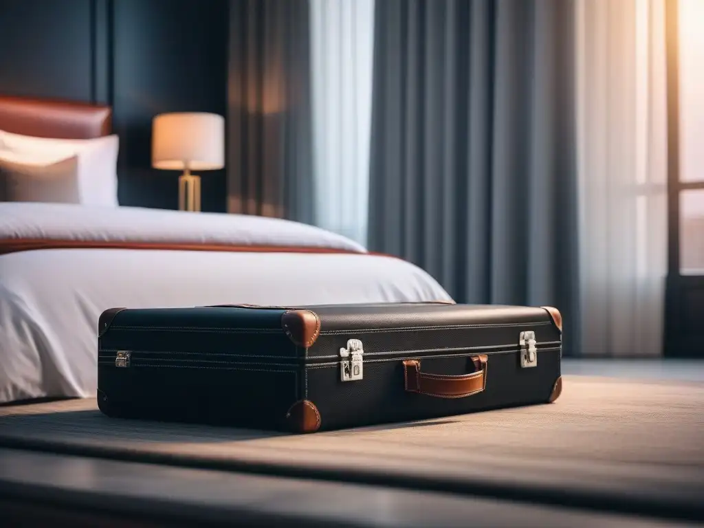 Maleta de lujo con estilo y comodidades para una escapada de relax Maleta elegante con ropa, productos de belleza, yoga, diario y gafas en hotel lujoso
