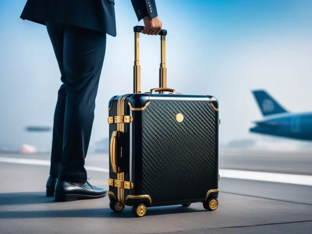 Maleta de fibra de carbono negra con tecnología de reconocimiento de huellas digitales Maleta de fibra de carbono negra con detalles dorados, tecnología de reconocimiento de huellas digitales, en un aeropuerto elegante