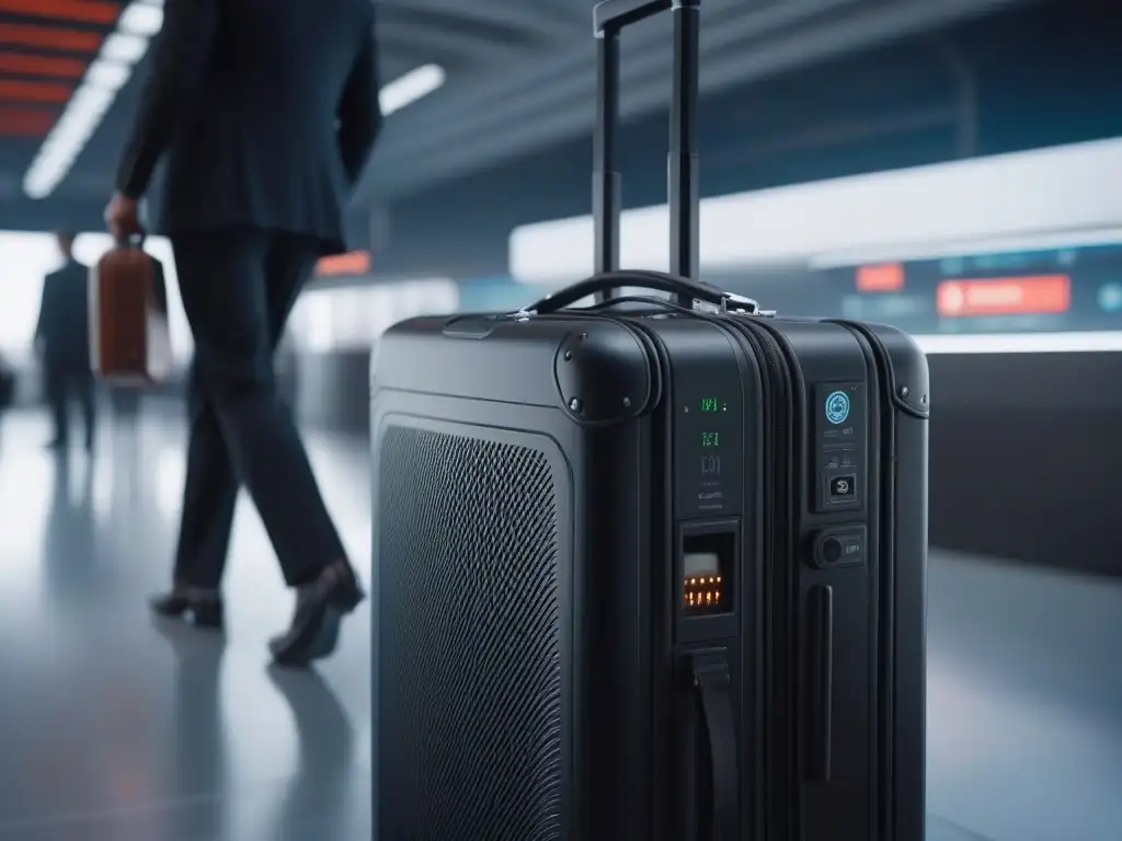 Maleta inteligente de lujo en aeropuerto moderno Maleta inteligente en aeropuerto, moderna y lujosa, con cargador integrado y sistema de rastreo GPS