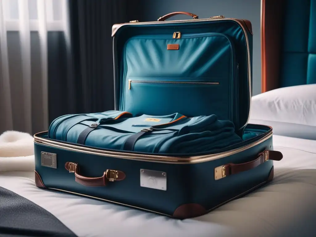 Maleta de lujo con ropa perfectamente organizada en hotel chic Maleta de lujo abierta con prendas perfectamente enrolladas y accesorios organizados, en una elegante habitación de hotel con vista a la ciudad
