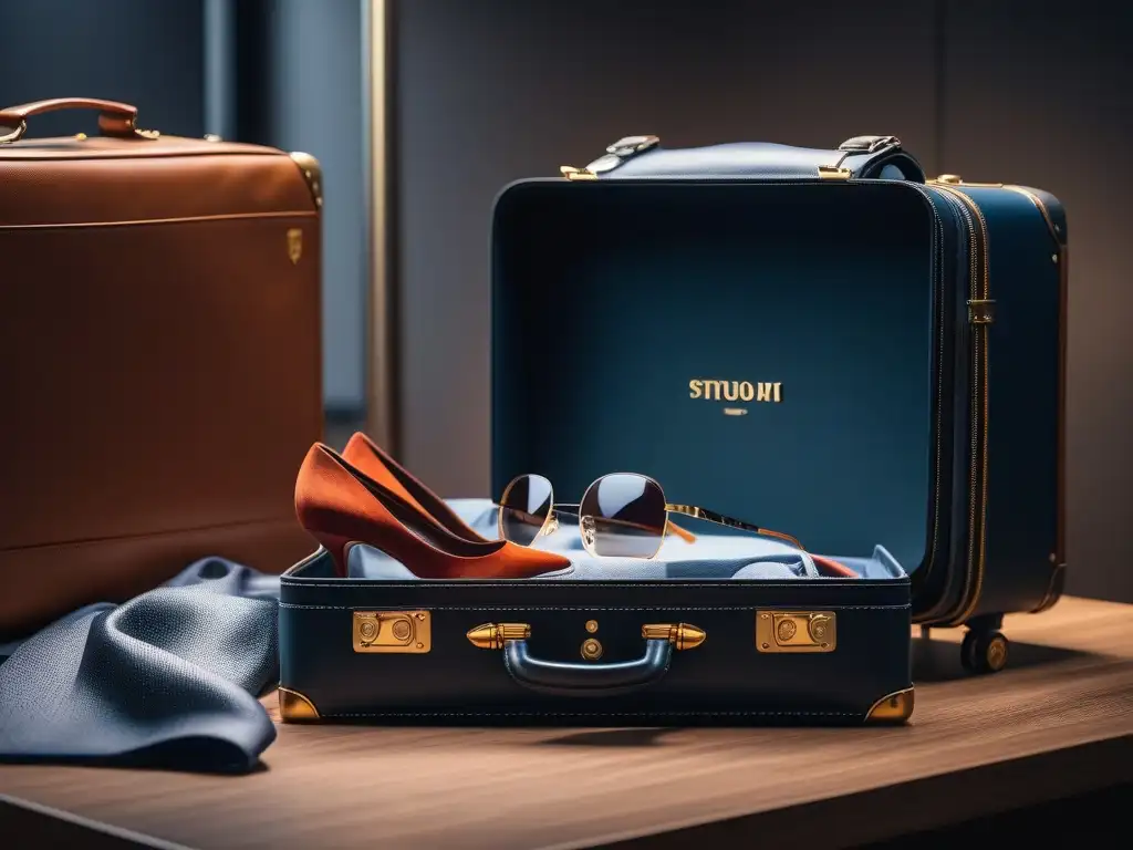 Outfit de lujo en maleta: blazer, accesorios y más Maleta de lujo abierta con prendas de diseñador y accesorios de viaje, en una elegante habitación de hotel