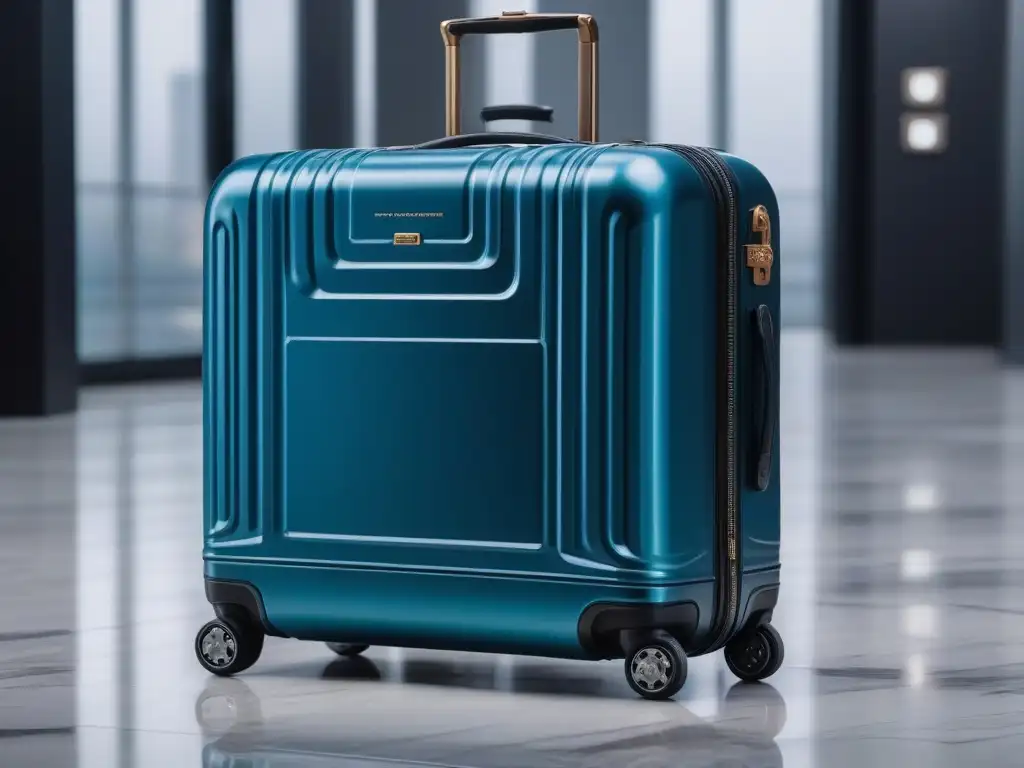 Maleta de lujo con tecnología integrada en elegante hotel Maleta de lujo con báscula digital y rastreador GPS en habitación elegante