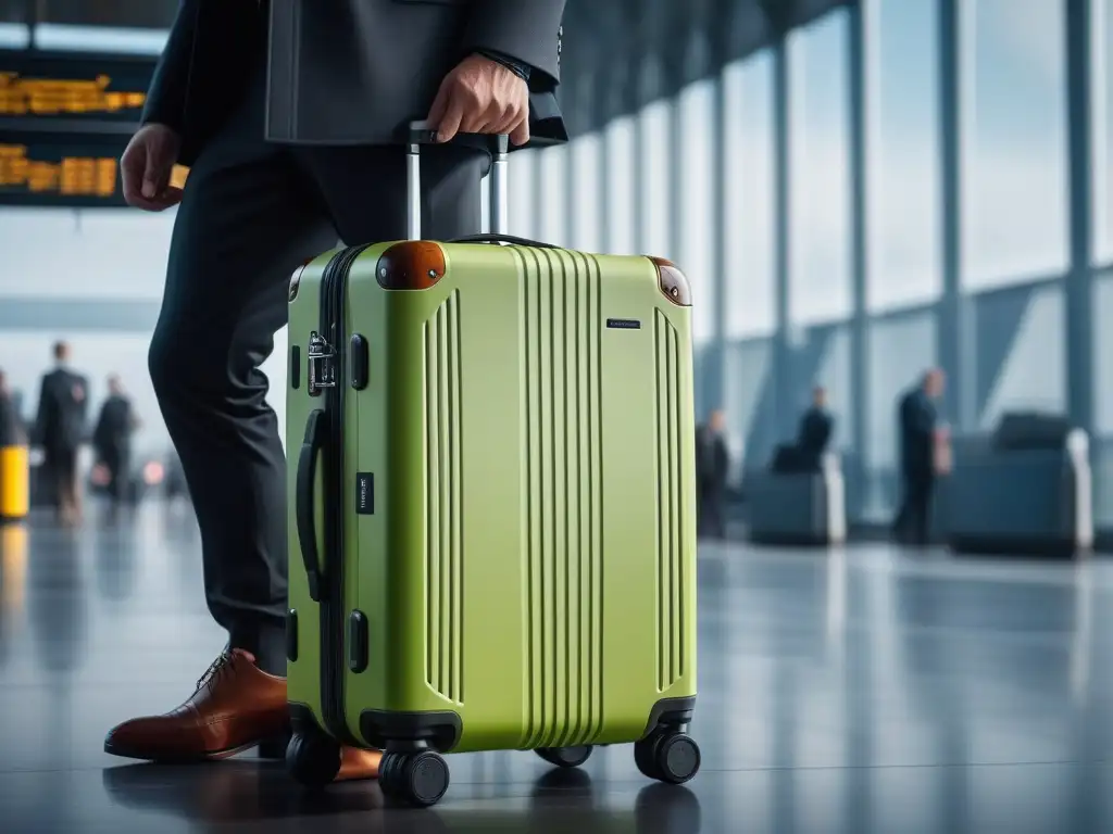 Maleta de lujo con GPS y cargador USB en aeropuerto futurista Maleta de lujo innovadora con características de lujo, escenario futurista en aeropuerto