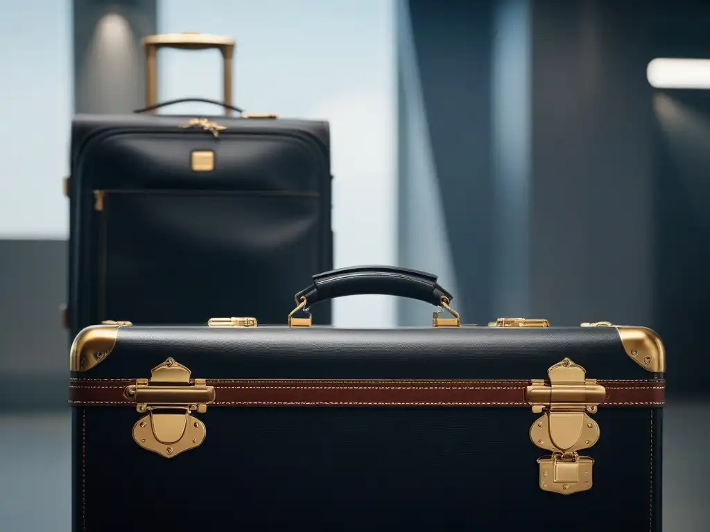 Maleta de lujo en aeropuerto con sistema de seguridad digital Maleta de lujo innovadora con detalles elegantes y sistema de bloqueo digital en un aeropuerto animado
