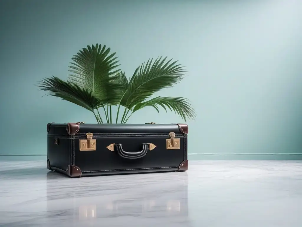 Maleta de cuero vegano negro en elegante entorno de mármol y palmeras Maleta de lujo en piel vegana negra con accesorios plateados, sobre suelo de mármol y hojas verdes, resaltando elegancia y diseño