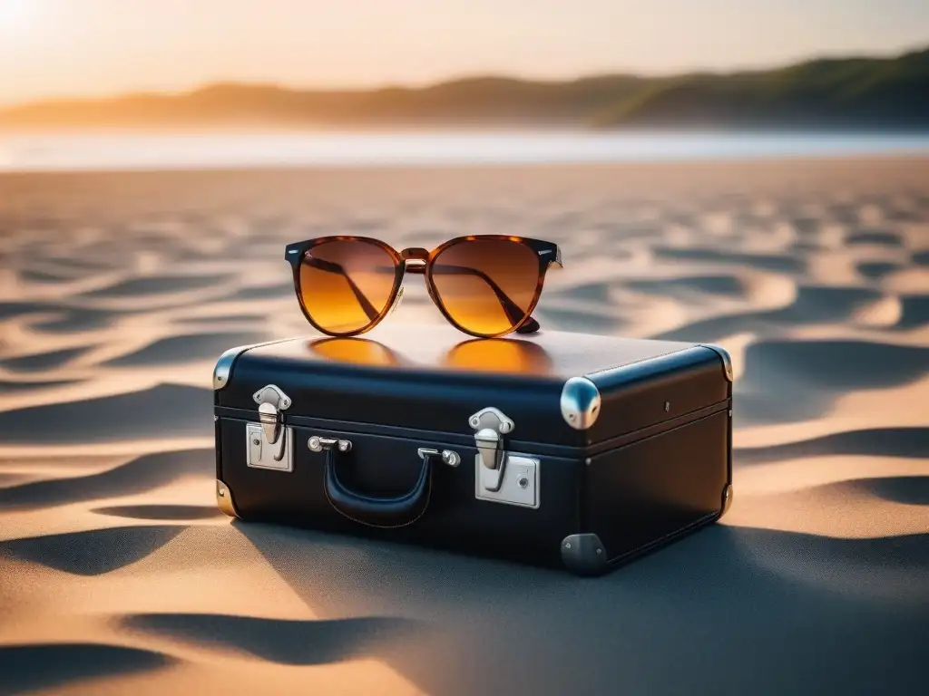 Maleta de lujo en playa paradisíaca: moda elegante y glamour al atardecer Maleta de lujo en la playa con ropa elegante y pasaporte, evocando sofisticación y aventura