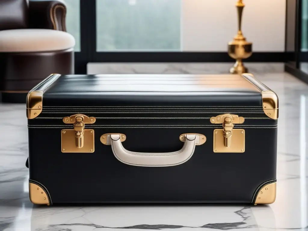 Maletín de cuero de lujo en ambiente opulento y sofisticado Una maleta de lujo en suelo de mármol, bañada por luz natural en elegante escenario