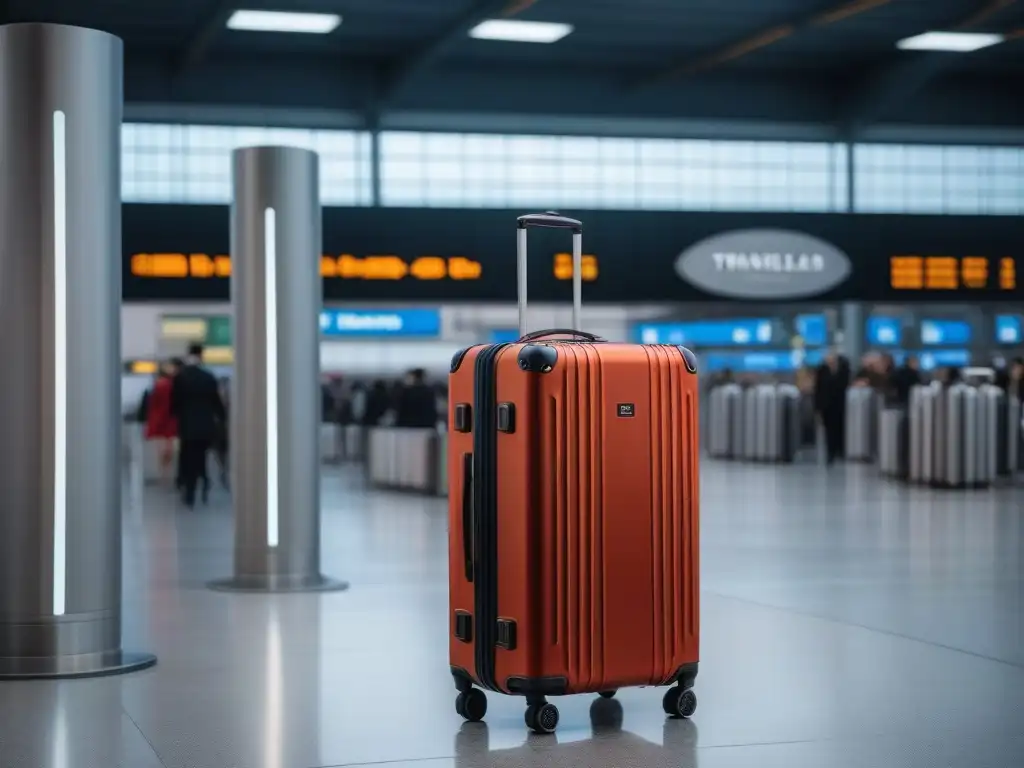 Maleta moderna con peso digital y luces LED personalizables en aeropuerto Maleta moderna con detalles metálicos, báscula digital integrada y luces LED personalizables, en un bullicioso aeropuerto