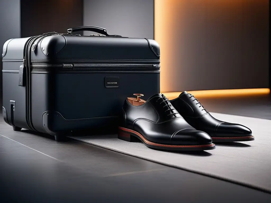 Maleta de viaje negra mate con cargador integrado y cerradura digital Maleta moderna en negro mate con cargador y candado digital, abierta con ropa doblada y zapatos de cuero, en elegante habitación de hotel