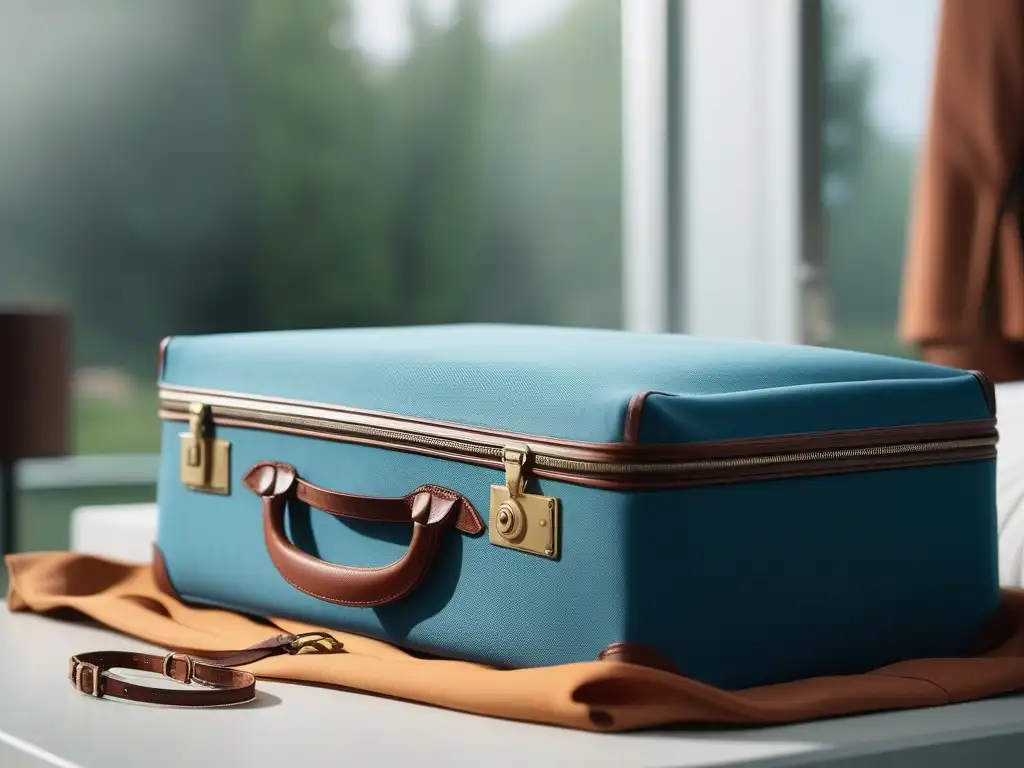 Packing Essentials: Maleta de viaje organizada con elegancia y calma Maleta de viaje organizada con ropa doblada en tonos pastel en habitación minimalista con vista a jardín tranquilo